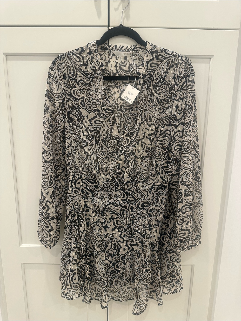 Zara Black and Cream Paisley Long-Sleeve Tunic Dress